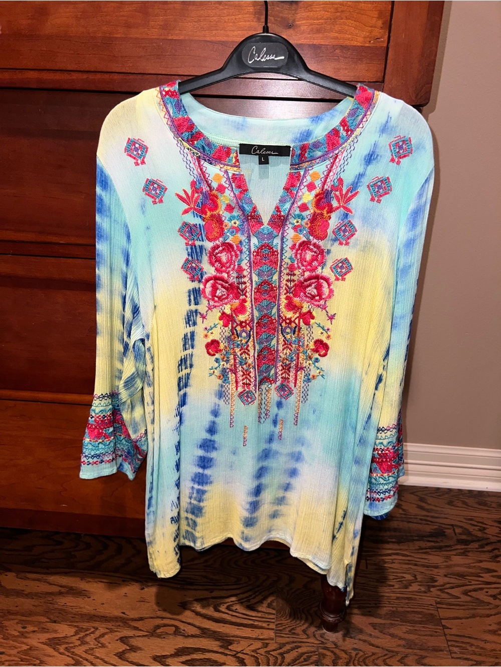 Calissa Blue & Yellow Tie-Dye Embroidered V-Neck Tunic